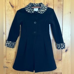 Copper Key Black Dress Coat girl’s 7/8 leopard cheetah trim, lined, machine wash
